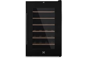 LES PETITS CHAMPS Cave à Vin de Conservation de 28 bouteilles CAVCB28 Black Edition, 70L, 6 Etagères, Réglable de 11 à 18°C, Refroidissement Thermoélectrique, Design Elégant, LED, Anti-UV
