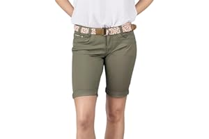 DENIMFY Bermudas Pantalones cortos para mujer con cinturón, corte regular, pantalones chinos, pantalones cortos de verano, hasta la rodilla, elásticos, monocolor, blanco, beige, rosa, azul, oliva,