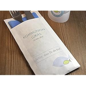 10 Stück personalisierbare Bestecktasche Kommunion, Konfirmation oder Taufe mit Fisch