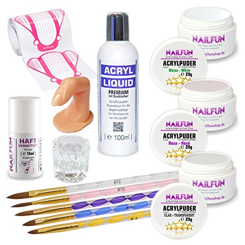 NAILFUN Acryl Starter und Auffüll Set No. 1 [ 3 x je 20g Acrylpuder weiss, klar, pink + 100ml Acryl-Flüssigkeit Liquid Premium + 5er Set Acryl Pinsel + Haftvermittler Primer 15ml u.v.m. ] - Acryl-Set für Nagelstudios