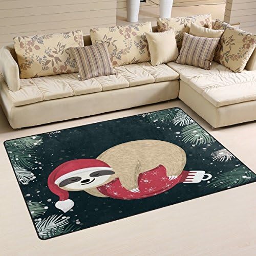 Wellay Baby Sloth Sleeping on Red Christmas Ball Doormats Area Rug Entry Front Door Mat Kitchen Non Slip Bath Rug 60 x 39 inch for Indoor Outdoor Use