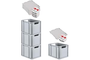 PROREGAL SuperSparSet 4x Eurobox NextGen Economy mit Scharnierdeckel & roten Verschlüssen | Griffe offen | HxBxT 32x30x40cm | 30 Liter | Eurobehälter Transportbox Transportbehälter Stapelbehälter