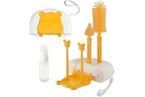 EMTSEB 7 in 1 Baby Bottle Brush Set, Travel Portable Bottle Cleaning Kit with Bottle Nipple Brush, Straw Cleaner, Soap Dispenser, Storage Box, Drying Rack (Yellow)