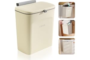 Accmuzzy Küchenabfalleimer,9 L Camping Mülleimer,Hängender Mülleimer Küche mit Deckel für Badezimmer/Schlafzimmer,Mülleimer Wohnwagen,Komposteimer für Küche(Cream)