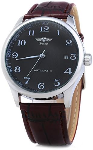 Leopard Shop Winner Men Automatic Mechanical Watch Date Display Leather Band Black Brown