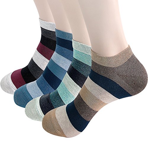 Happytree Calcetines de algodón de corte bajo para hombre, paquete de 4 a 6, coloridos y de lujo, con diseño de rayas Multicolor Ground Stripe 4 Pack Talla única