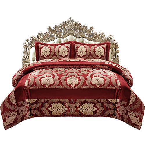 IR 3 Pcs Jacquard Bedding Sets Quilted Bedspread Throw Pillows Comforter Bed Set (Betty Burgundy, 3