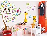 ufengke® Bunte Blume Baum Niedlichen Löwen Hirsche Eulen Wandsticker, Kinderzimmer Babyzimmer Entfernbare Wandtattoos Wandbilder - 3