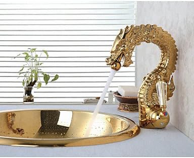 DuZiShi-slt High-End Luxury Series of Pure Hand-Made Brass Dragon Shape Bathroom Sink Faucet - Gold