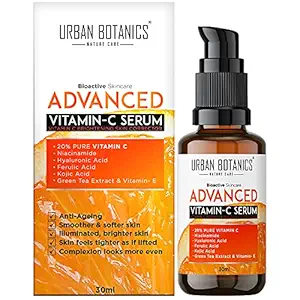 UrbanBotanics Advanced Vitamin C Face Serum 20% - Men & Women - with Hyaluronic, Ferulic & Kojic Acid, Niacinamide, Green Tea For Glowing Skin, Brightening, Whitening, Ageing, Wrinkle, Fine Lines, Pigmentation, 30ml