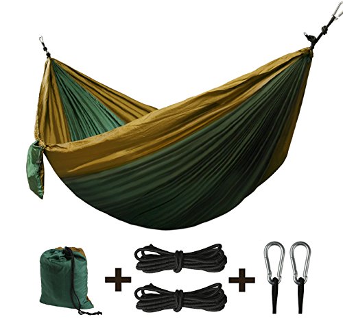 Kronenburg Ultraleichte Hängematte Fallschirm Nylon Fallschirmseide 275 x 140 cm, Traglast 300 kg TÜV SÜD geprüft mit 2 Karabiner und 2 Seilen Olive-Grün