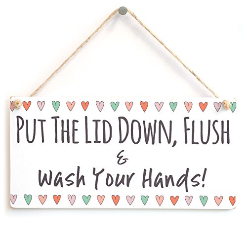 Put The Lid Down, Flush & Wash Your Hands! - Cute Handmade Bathroom/W.C/Toilet Sign Coloured Hearts Border