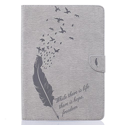 iPad Air Hülle, Deenor Stilvoll 3D Drucken Feather und Vögel Serie Brieftasche Tasche PU Leder Flip Protective Stand Tasche Schutzhülle Hülle für Apple iPad Air (2013 Version).[Feather-Grey] - 2