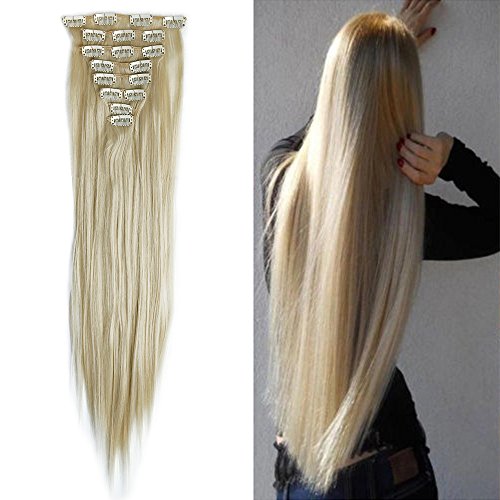 26 inches Long Straight 8 Piece Full Head 18Clips Womens Ladies Girls Clip in Hair Extensions Bleach Blonde