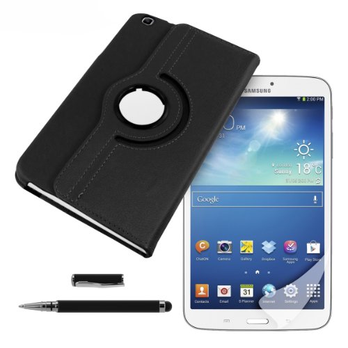 3in1 Set: kwmobile Hülle für Samsung Galaxy Tab 3 8.0 T3100 – 360° Standfunktion Case Tablet Schutzhülle Kunstleder – Smart Cover Tabletcase Schwarz + Folie, kristallklar + Stylus, schwarz - 8