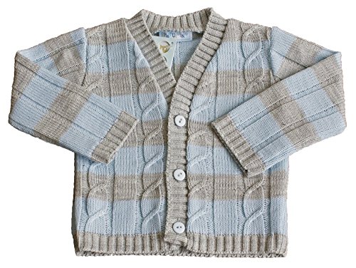 Pequilino baby boys V neck cable front striped cardigan blue grey 0-6 months