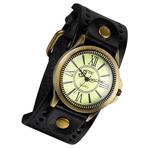 Lancardo Reloj Electrónico Retro con Dial de Números Romanos Pulsera Analógica de Movimiento Cuarzo Correa Ancha de Cuero Casual para Viaje Negocio para Hombre Mujer Unisex (Negro)