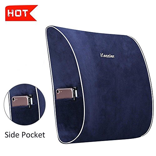 Preisvergleich Produktbild iCozzier Lendenwirbelstütze Lendenkissen aus Gedächtnisschaum, Superweiches Micro-Fleece-Gewebe mit zwei Seitentaschen, ergonomisches D-Form Design Lordosenkissen / Rückenkissen zum Schutz und Unterstützung von Rücken und Wirbelsäule - Blau