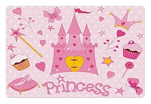 Lunarable Nursery Pet Mat for Food and Water, Little Princess Tiara Slippers Castle Butterfly Heart Lollipop Wand Cupcake, Non-Slip Rubber Mat for Dogs and Cats, 18