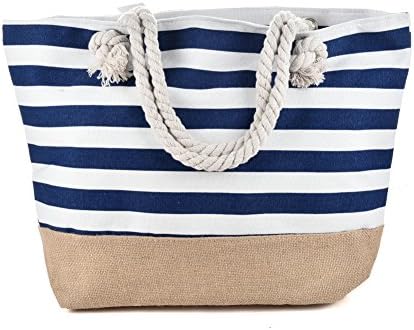 Grace Large Utility Canvas and Nylon Travel Beach Tote Bag For Women and Girls (Stripes Navy)