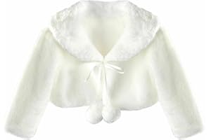 NICEBABY Luckyshop Girls Faux Fur Bolero Shrug Coat Long Sleeve Jacket Princess Kids Cape Pompom White Tippet for Wedding Party Bridesmaid Dress1-12 Years