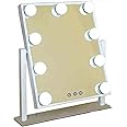 Quboo Mirror with Lights, Hollywood Lighted Up Mirror with 3 Color Modes & 9 Dimmable LED Bulbs, Large Lighted Makeup Mirror with Detachable 10x Magnification, Black (25x30cm) (white)