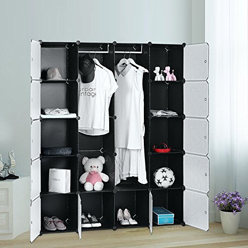 Songmics LPC30H Kleiderschrank Garderobenschrank Steckregalsystem mit 2 Kleiderstange, Plastik, schwarz, 180.0 x 145.0 x 37.0 cm - 5