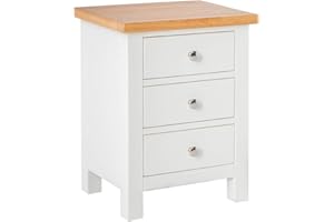 RoselandFurniture Farrow White Bedside Table Quality 3 Drawer Bedside Cabinet with Oak Top | Fully Assembled Painted Solid Wooden Side End Nightstand for Bedroom, Bathroom, and Hallway