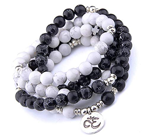 Bracelet Perles Mala Symbole Ohm Marque Française 108 Perles de Culture Naturelles Noir et Blanc 8mm et 90cm avec Pochette Coton de Protection