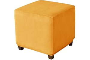 Highdi Velvet Square Ottoman Cover, Rectangle Stretch Footstool Slipcover, Stool Protector with Elastic Bottom, Dustproof Removable Washable Footrest Pouffe Covers (M, Gold)