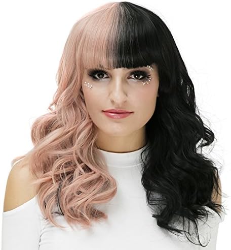 Halloween Cosplay Trendy Fluffy Gold Pink And Black Link Long Curly Wig With Bangs For Women