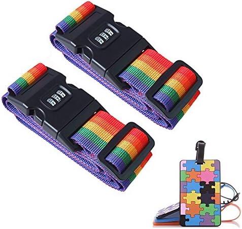 2 Pack Luggage Straps by PULNDA, Suitcase Belts Luggage Belts Travel Packing Accessories with Luggage Tags Travel Suitcase Label (rainbow)