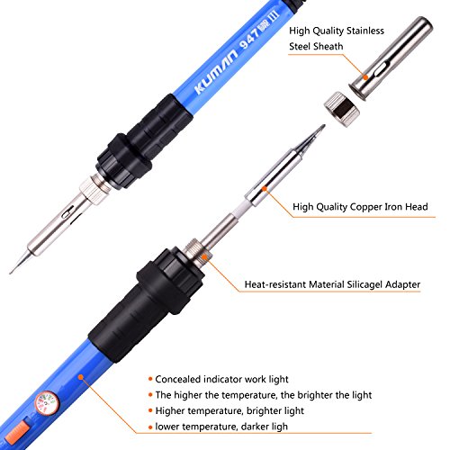 Lötkolben set 8-in-1 Soldering Iron kit Kuman 60W with ON/OFF Switch Adjustable Temperature soldering iron, 5pcs Different Tips, Tin Wire Tube, Desoldering Pump, Stand, Anti-static Tweezers and Solder Tip Cleaning Wire with a Tool Case P8300 - 3