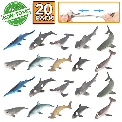 20 paquetes Figura de juguete de tiburón, super elasticidad.Favoritos para fiesta de las figuras del mundo zoológico de juguete de baño flotante y blando: Figuras de tiburón, ballena y delfín