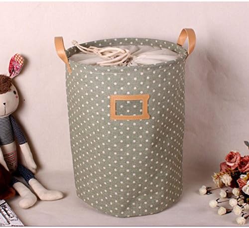 Addfun®Premium Fabric Foldable Round Laundry Basket, Dot Clothes Laundry Basket Children Toys Storage Holder with Lids 35 * 45cm Green Dot