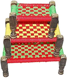 Antlantic wood store Wooden and Jute Miniature Charpai Cot Set of 3 Toy for Kids//Traditional Home Decor Wooden Jute Khaat Jute Chaarpai