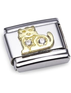 Nomination Comp. Classic TIERE - LAND Edelstahl, 18K-Gold und Cubic Zirc. (Katze WEISS) 030304