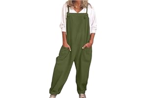KUIH Linen Dungarees for Women UK, Casual Jumpsuit Dungarees Women'S Work Trousers Summer Overall Jumper Sleeveless Dungarees Wide Leg Large Pocket Oversize Leisure Suit One Piece for Holiday Outgoing