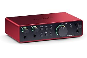 Interfejs audio Focusrite Scarlett 2i2 4. generacji ze złączem USB-C | 2 przedwzm. mikrof., 2 wej. instrument. Hi-Z, 24 bity/192 kHz, zakr. dynam. 120 dB, aut. reg. wzmocn., Clip Safe, tryby Air