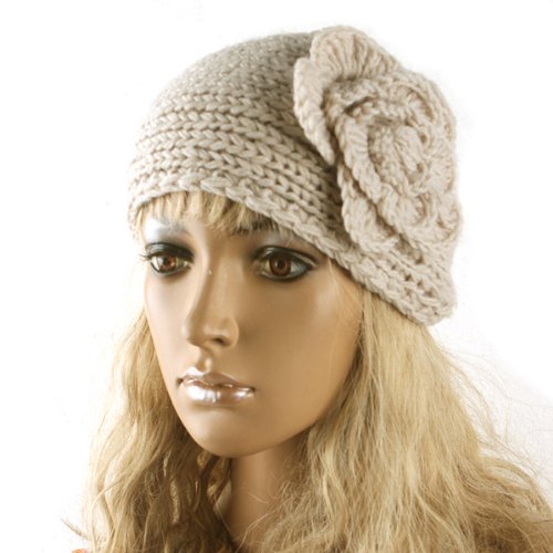 HuntGold Lady Women Fashion Camellia Warm Soft Wool Crochet Headband Knit Wide Hair Band(beige)