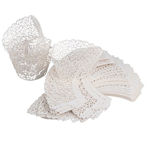 Cupcake Wrappers 100 Filigree Künstlerische backen Kuchen Papierbecher kleine Rebe Spitze Laser Cut Liner Baking Cup Muffin-Kasten Untersatz für Hochzeit Geburtstag Dekoration (Creme Weiß) - 5