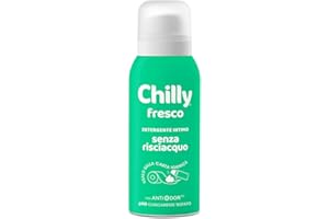 Chilly Senza Risciacquo, Detergente Intimo Senza Risciacquo Fresco, Da usare sulla Carta Igienica, Formula in Mousse a pH5, Arricchito con mentolo naturale, Con Anti-Odor, Clinicamente Testato - 100ml