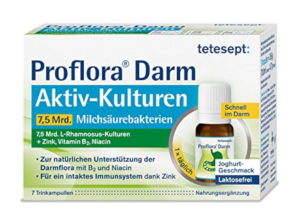 tetesept Proflora Darm Aktiv-Kulturen Trinkampullen – 7, 5 Mrd. Milchsäurebakterien in Trinklösung, ergänzt um darmgesunde Nährstoffe – 1er Pack à 7 Fläschchen [Nahrungsergänzungsmittel]
