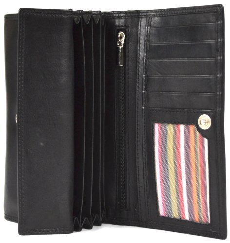 Ladies Soft Real Nappa Leather Long Flap-over Purse with Inner Flap pockets (Black)