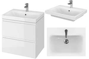 ‎VBCHOME VBChome Badmöbel 50 x 35 cm Set Weiß Hochglanz Slim Waschbecken mit Unterschrank Waschtisch 2-Schubladen Badschrank Holz Waschbeckenunterschrank Badezimmerschrank Badschrank