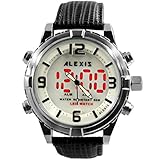 Alexis Herren Armbanduhr Schwarz Geninue Lederband Weis Dial Wasserdicht 12/24 Hour Mode 808A