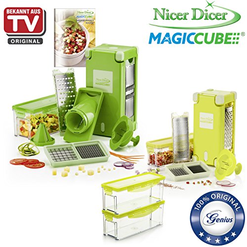 Genius Nicer Dicer Magic Cube inkl. Gourmet-Ausstattung | 25 Teile | Alles-Schneider | Schneiden | Reiben | Julienne | Spiralen | Hobeln | Würfeln | Schneid-Gerät | TV-NEU