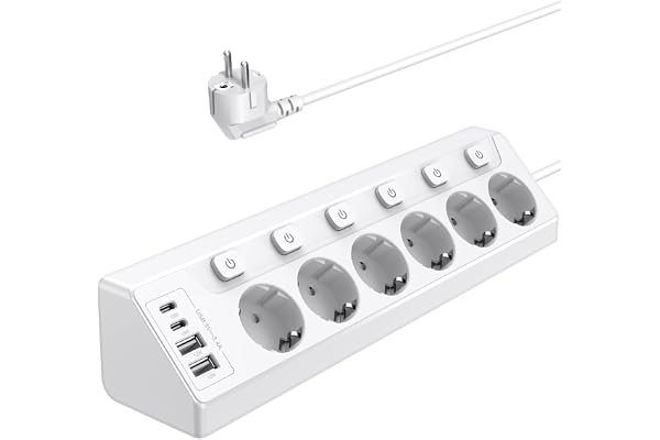 Vipwell Prise Plan de Travail Cuisine, Multiprises avec 2 Ports USB A et 2 Ports USB C, Multiprise 6 Prises avec Interrupteur, Rallonge Électrique 2m pour Meuble, Canapé, Bureau, Table
