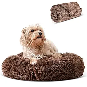 Fluffy Round Pet Bed for your Dog or Cat - Comfy Anti Anxiety, Calming Fuzzy Donut - For Small, Medium and Large Dogs and Cats Who Love to Snuggle - Super Durable and Tough, Small Dark Brown Chocolate