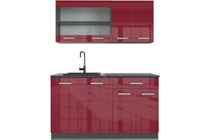 Vicco Cucina completa R-Line, Rosso lucido/antracite, 140 cm senza piano di lavoro